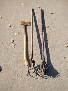 lot 201 image: (3) Tools - Axe, Edger, Cultivator