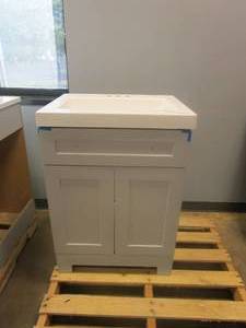 lot 15 image: GLACIER BAY Everdean 24.50 in. W x 18.75 in. D Bath Vanity in Pearl Gray with Cultured Marble Vanity Top in White with White Basin (TOP CRACKED, SEE PHOTOS)