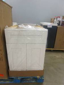 lot 29 image: HOME DECORATORS COLLECTION Newport Assembled 24 x 34.5 x 21 in. Plywood Shaker Vanity Sink Base Cabinet Soft Close in Painted Pacific White (LIKE NEW CONDITION)