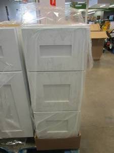 lot 30 image: HOME DECORATORS COLLECTION Newport Assembled 12x34.5x21 in Plywood Shaker Vanity Base Cabinet with 3 Soft Close Drawers in Painted Pacific White (LIKE NEW CONDITION)