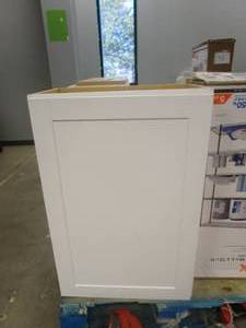 lot 36 image: HAMPTON BAY Shaker Satin White Stock Assembled Wall Kitchen Cabinet (24 in. x 36 in. x 12 in.) (SMALL DENT ON TOP CORNER OF DOOR)