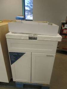 lot 65 image: GLACIER BAY All-in-One Stainless Steel 24 in Laundry Sink with Faucet and Storage Cabinet in White (BASE NOT ATTACHED & CRACKED ON ONE SIDE)
