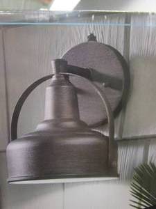 lot 82 image: HAMPTON BAY 9 in. Weathered Pewter LED Outdoor Wall Lamp with Metal Shade (NEW IN BOX)