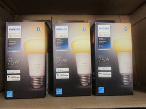 lot 142 image: PHILIPS White Ambiance A19 75W Equivalent Dimmable Smart LED Light Bulb with Bluetooth - 3 PACK