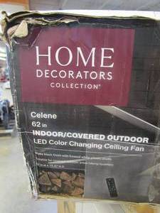 lot 147 image: HOME DECORATORS COLLECTION Celene 62 in. LED IndoorOutdoor Matte Black Ceiling Fan with Light and Remote Control with Color Changing Technology (OPEN BOX)