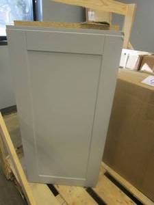 lot 164 image: HAMPTON BAY Shaker Assembled 18x36x12 in. Wall Kitchen Cabinet in Dove Gray (SMALL DENTS ON TOP CORNER OF DOOR)