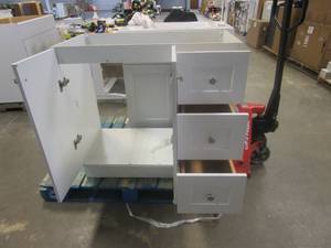 lot 168 image: GLACIER BAY Bannister 36.5 in. W x 18.75 in. D x 35.14 in. H Bath Vanity in White (NICE CONDITION, NO TOP)