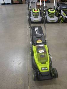 lot 186 image: RYOBI ONE 18V 13 in. Cordless Battery Walk Behind Push Lawn Mower with 4.0 Ah Battery and Charger (NICE CONDITION)