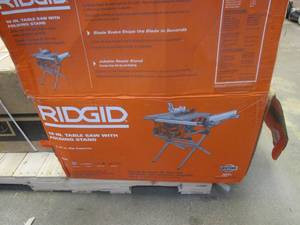 lot 195 image: RIDGID 15 Amp 10 in. Portable Jobsite Table Saw with Folding Stand (FOR PARTS ONLY, DOESNT WORK, MISSING SCREWS FOR ASSEMBLY)