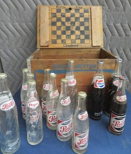 RARE RARE RARE VINTAGE WOODEN PEPSI BOX FILLED WITH VINTAGE BOTTLES