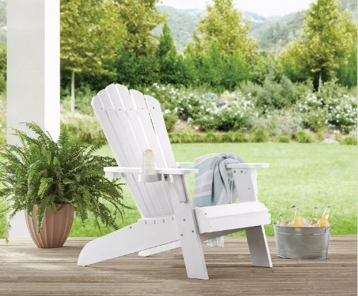 lot 324 image: NEW Lot of 4 Pieces of Outdoor Furniture - 2 Adirondack Chairs  1 Ottoman  Side Table