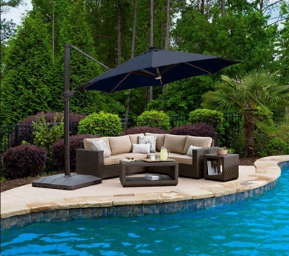 lot 337 image: Sunbrella Seasons Sentry 11 LED Solar Round Cantilever Umbrella - Indigo Blue