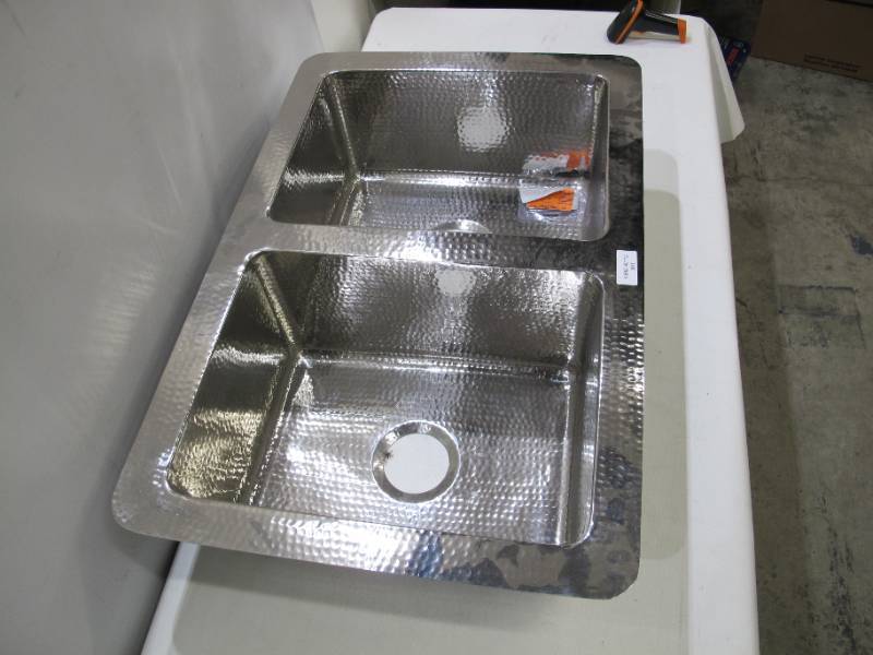 lot 390 image: 33 Double Undermount Sink - Hammered Stainless Steel