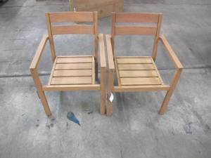 lot 347 image: Pair of New Threshold Wood Stacking Patio Chairs Design by Studio McGee