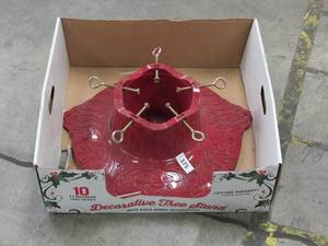 lot 375 image: NEW  Red Cast Iron Powder Coated Real Christmas Holiday Tree Stand for 10 Trees