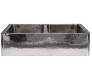 lot 400 image: 33 Double Farmhouse Sink - Hammered Stainless Steel