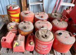 lot 242 image: Pallet of 11 Metal Gas Cans and 3 Plastic Gas Cans