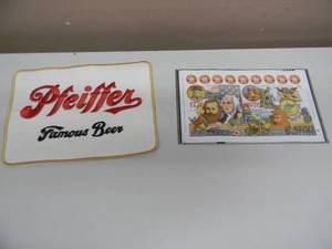 lot 33 image: VINTAGE - NEW OLD STOCK - Pfeiffer Beer Patch 8 By 6 & Iron City Beer unrolled can - GREAT OLD SCHOOL PIECES - SEE PICTURES