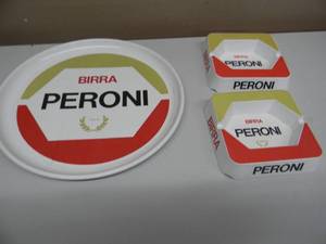 lot 40 image: Vintage 1960s Peroni Birra Beer Tray Melamine - Italian Beer - WITH 2 Matching Peroni Birra Ashtrays - NICE - AWESOME SET - SEE PICTURES