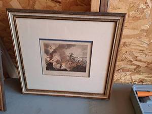 lot 365 image: Blowing Up of the Bridge At Elster Vintage War Etching , Wood FrameDouble MatteGlass