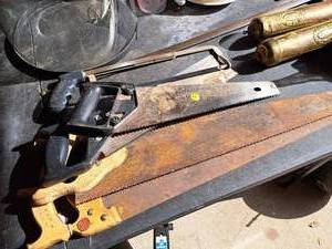lot 373 image: Lot of (5) Hand Saws - Wood Saws, Miter Saw, Hack Saw