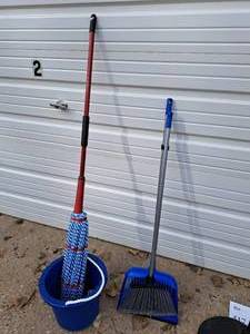 lot 421 image: Mop, Broom, Dust Pan and Plastic Bucket (New Never Used)