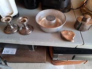 lot 463 image: Lot of (5) Housewares - Candleholders, Jello Mold, Flash with Lid, Jar with Lid