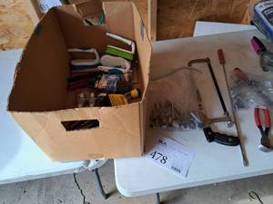 lot 478 image: Lot of (1 Box) Misc. Tools and Supplies - Hacksaw, Snips, Long Flat Screwdriver, Sockets, Small Caster Set, Tape Measure, Brushes, Misc. Tools