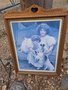 lot 512 image: Girls and Puppies Decorative Wood Framed Wall Art
