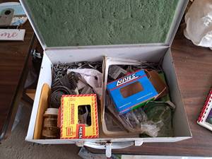 lot 570 image: Metal Power Tool Case w Nails, Misc. Hardware