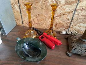 lot 574 image: (2) Candlestick Holders, Green Dish, (2) Lighters