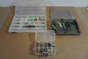 lot 55 image: 3 Plastic Organizers with Assorted Tackle - Soft Baits, Spinners