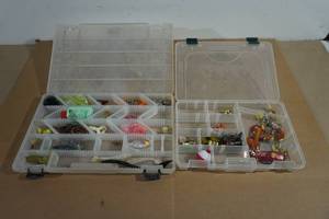 lot 62 image: 2 Plastic Organizers with Assorted Tackle - Soft Baits, Spinners, Jigs