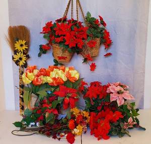 LOT OF FAKE FLOWERS HANGING BASKETS VINES PLANTERS DECORATIVE FLOWER BROOM