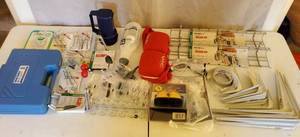 LOT OF HARDWARE SOLDERING IRON KIT BRACKETS NUTS BOLTS GARAGE HANGING HOOKS SHELF STABLIZERS & MORE