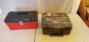 BLACK CARRYING CASE 15X14X7 RED TOOL BOX 16X10X8 WITH MISC HARDWARE ITEMS