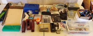 OFFICE SUPPLIES LOT TI5650 PRINTING CALCULATOR STAPLERS TAPE DISPENSERS PENCIL HOLDERS NOTEBOOKS RUBBERBANDS CLIPBOARDS PENS PENCILS