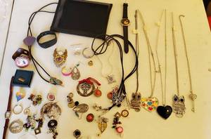 LOT OF RANDOM JEWELRY LONG NECKLACES PINS SMALL EARRINGS EARRING BACKS MISMATCHED PIECES WATCHES