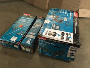 Mix Lot of Makita Lawn Mower Kit, Trimmer, Hedge Trimmer- Battery Operated- Customer returns - Review all pictures