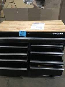 Husky 46 in. W x 18 in. D 9-Drawer Black Mobile Workbench Cabinet, Open Box- Review all pictures