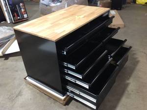 Husky 46 in. W x 24.5 in. D Standard Duty 9-Drawer Mobile Workbench Tool Chest with Solid Wood Top in All Black Gloss see pictures
