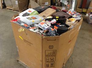 Gaylord full of assorted hardware, general merchndise, door knobs, pulls and various  misc items various products various conditions customer returns see pictures