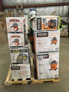 Pallet with assorted Ridgid WetDry Shop Vacs Various models and Conditions See Pictures