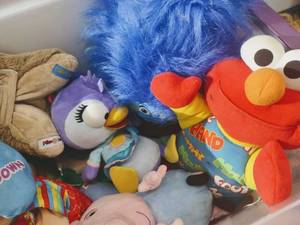lot 15 image: Stuffed Animal Lot Featuring 2011 Cabbage Patch Kid Talking Elmo Cookie Monster and so much more Bin Not Included