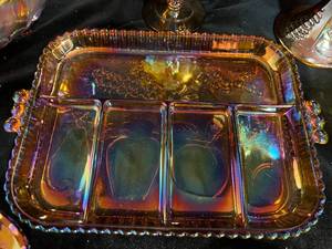lot 202 image: Large Lot of Indiana MarigoldAmber Carnival Serveware Set