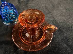 lot 154 image: Heisey Clear Creamer and Sugar, Amber Candle Holder, Fenton Bell