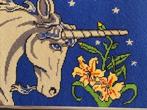 lot 85 image: Whimsical Framed Unicorn Needlepoint