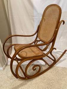 lot 182 image: Wooden Curved Wood Rocker with Caned Seat and Back