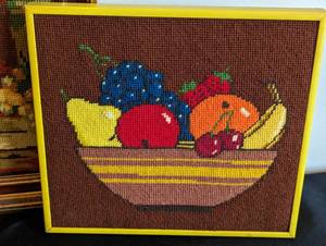 lot 174 image: Framed Vintage Fruit Needlepoints