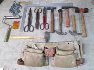 Lot of hand tools, tool belt and sq...